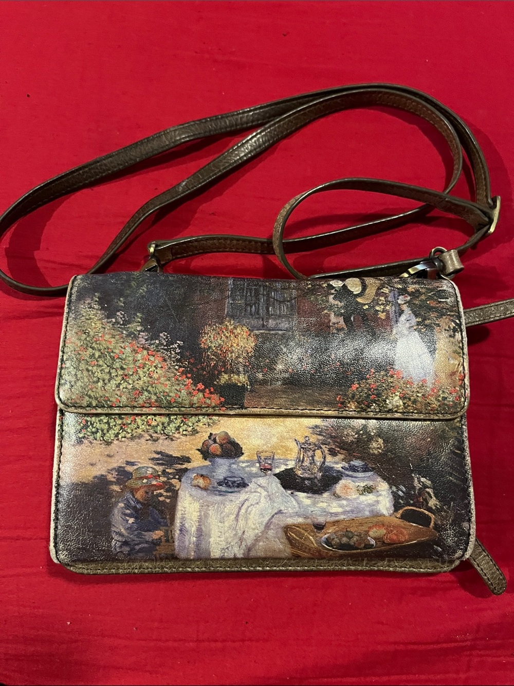 Jeon Los Los Angeles Painted Garden Scene Crossbody Bag in Brown and Cream